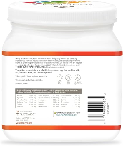 Youtheory Collagen Powder - Premium Collagen Supplement with Vitamin C & Biotin - for Healthy Hair, Skin, Nails & Joints - Hydrolyzed & Highly Absorbable - Dairy, Soy & Gluten Free - Vanilla - 20 oz