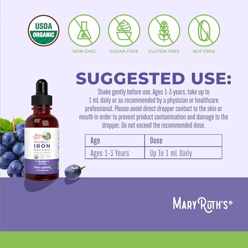 MaryRuth Organics Iron Supplement for Toddlers | Liquid Iron Supplement for Children Ages 1-3 | Iron Supplement for Iron Deficiency | Ferrochel | Sugar Free | Vegan | Non-GMO | Gluten Free | 2 Fl Oz