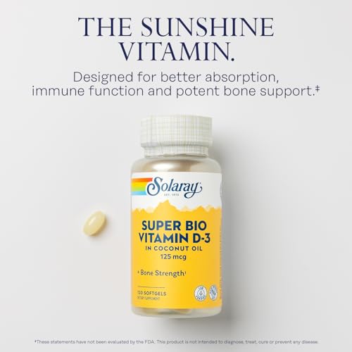 SOLARAY Super Bio Vitamin D3 in Coconut Oil - D3 Vitamin 5000 IU - Bone Health and Immune Support Supplement - Lab Verified, Made Wtihout Soy, 60-Day Guarantee - 120 Softgels, 120 Servings