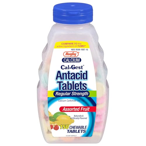 Rugby Calcium Cal-Gest Antacid Tablets - Regular Strength - Calcium Carbonate 500 mg - Assorted Fruit Flavor - 150 Chewable Count (1 Pack)