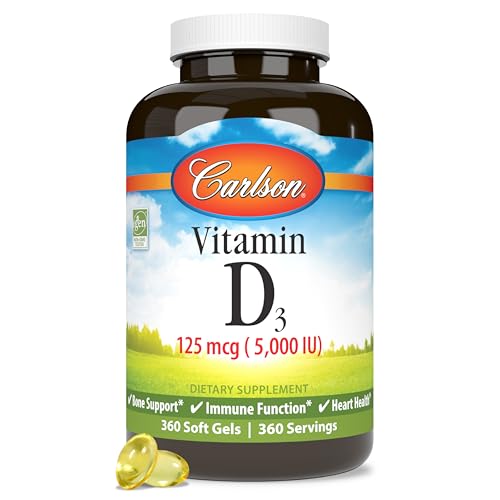 Carlson - Vitamin D3 5000 IU (125 mcg), Bone Health, Muscle Health, Cholecalciferol, Vitamin D Supplements, Vitamin D3 Soft Gels, 360 Softgels