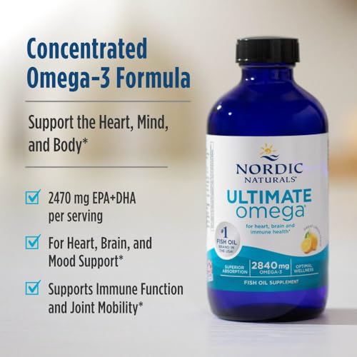 Nordic Naturals Ultimate Omega Liquid, Lemon Flavor - 8 oz - 2840 mg Omega-3 - High-Potency Fish Oil Supplement with EPA & DHA - Promotes Brain & Heart Health - Non-GMO - 48 Servings