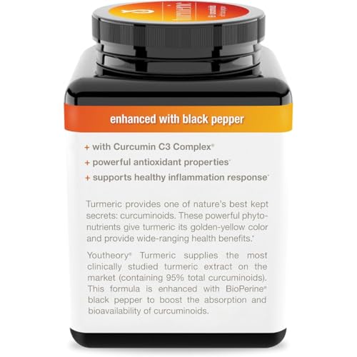 Youtheory Turmeric Extra Strength - 1,000 mg Turmeric Supplement - with 10 mg Black Pepper - Curcumin Joint Support* - Soy, Dairy & Gluten Free - 180 Vegetarian Capsules