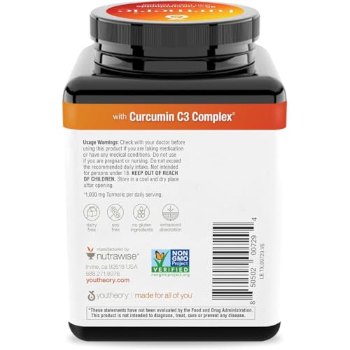 Youtheory Turmeric Extra Strength - 1,000 mg Turmeric Supplement - with 10 mg Black Pepper - Curcumin Joint Support* - Soy, Dairy & Gluten Free - 180 Vegetarian Capsules