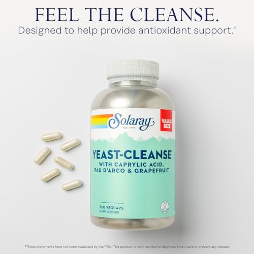 SOLARAY Yeast Cleanse, Antioxidant Support with Caprylic Acid, PAU d'Arco, Licorice Root Extract and Grapefruit Seed Extract, 60-Day Guarantee, 60-Day Guarantee, 60 Servings, 360 VegCaps