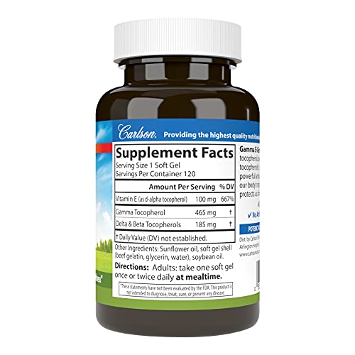 Carlson - Gamma E-Gems, 465 mg, Gamma Tocopherol, Vitamin E Tocopherol, Optimal Wellness, 120 Softgels