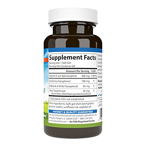 Carlson - E-Gems Elite, 400 IU Vitamin E with Tocopherols & Tocotrienols, Heart Health & Optimal Wellness, Antioxidant, 60 soft gels