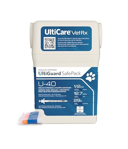 UltiCare VetRx U-40 UltiGuard Safe Pack Pet Insulin Syringes 1/2cc, 29G x 1/2", 100 ct (With 1/2 Unit Markings)