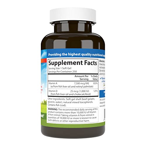 Carlson - A & D, 25000 IU (7500 mcg RAE) Vitamin A, 1000 IU (25 mcg) Vitamin D, Vision Support, Skin Health, 250 Softgels