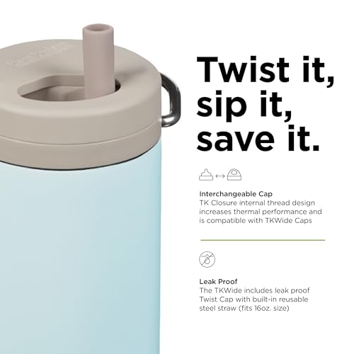 Klean Kanteen TKWide Insulated Water Bottle with Twist Cap - Reusable Travel Water Bottle with Stainless Steel Straw - Perfect for Sports & the Office - Blue Tint, 16 oz