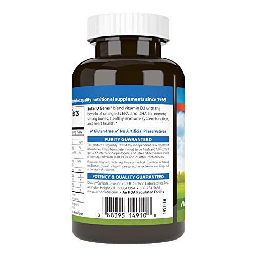 Carlson - Solar D Gems, Vitamin D3 and Omega-3 Supplement, 6000 IU (150 mcg) Vitamin D3, 115 mg Omega-3s EPA and DHA Supplement, Wild Caught, Sustainably Sourced, Lemon, 120 Softgels