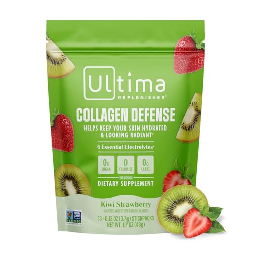 Ultima Replenisher Collagen Defense Supplement and Electrolytes Powder - Kiwi Strawberry, 13 Stickpacks - Hydration Packets with Dermaval and Biotin that Keep Your Skin Hydrated and Looking Radiant