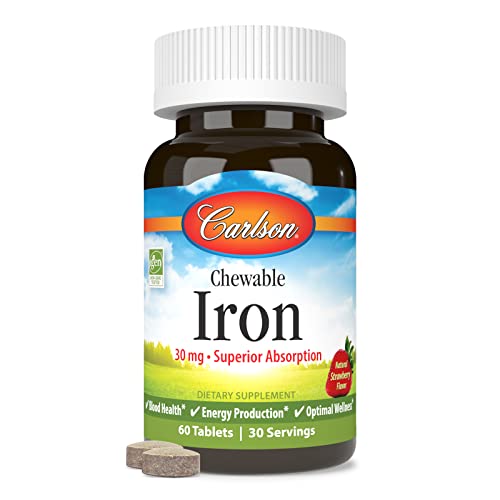 Carlson - Chewable Iron, 30 mg, Superior Absorption, Blood Health, Energy Production & Optimal Wellness, Natural Strawberry Flavor, 60 Tablets