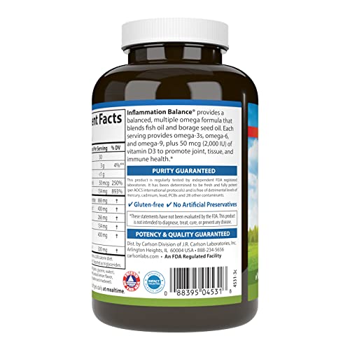 Carlson - Balanced Omega-3 & Omega-6 Ratio, with D3, Norwegian, Wild-Caught Fish Oil Supplement with Fatty Acids, Sustainably Sourced Fish Oil Capsules, 90 Softgels