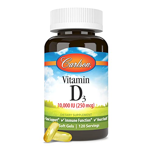 Carlson - Vitamin D3, 10000 IU (250 mcg), Vitamin D Supplements, Bone & Immune Support, Vitamin D3 Softgels, Heart Health, Gluten Free Vitamin D Capsules, 120 Softgels