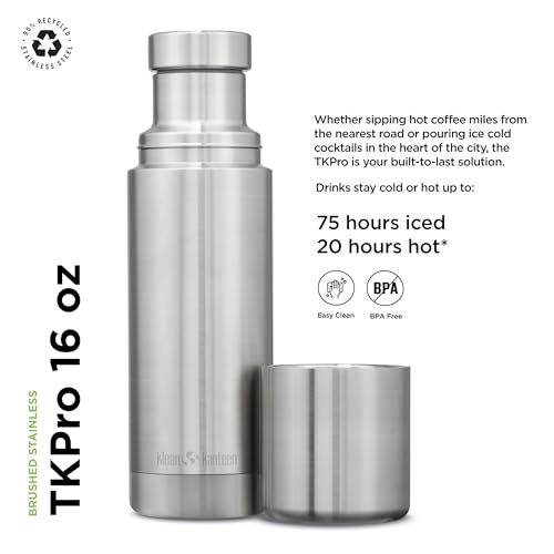 Klean Kanteen TKPro Insulated Thermos - Portable, Stainless Steel Drinking Bottle - Leak Proof & Easy to Clean - Brushed Stainless, 16 oz