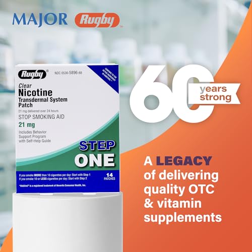 Rugby Clear Nicotine Patches - Transdermal System Patch - Smoking or Vaping Quitting Aid - Step 1-21mg - 14 Count (1 Pack)