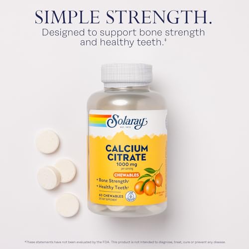 Solaray Calcium Citrate 1000 mg, Natural Orange Flavor Chelated Calcium Supplement for Bone Strength, Teeth, Nerve, Muscle, and Heart Function Support, 60-Day Guarantee, 15 Servings, 60 Chewables