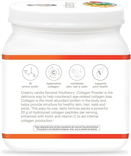 Youtheory Collagen Powder - Premium Collagen Supplement with Vitamin C & Biotin - for Healthy Hair, Skin, Nails & Joints - Hydrolyzed & Highly Absorbable - Dairy, Soy & Gluten Free - Vanilla - 20 oz