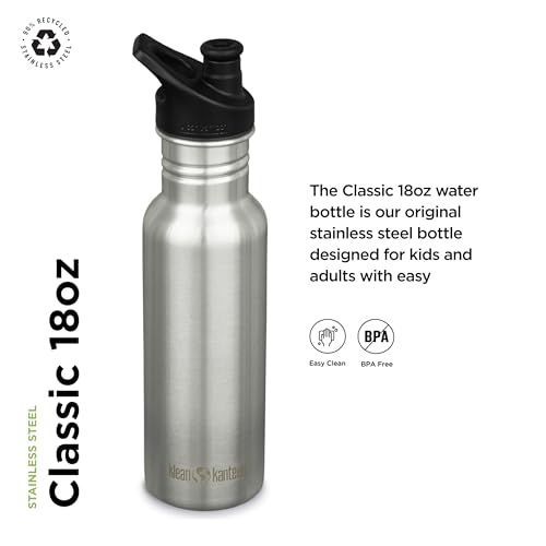 Klean Kanteen Classic Narrow Water Bottle with Sport Cap - Durable Stainless Steel Water Bottle - BPA-Free & Dishwasher-Safe - Brushed Stainless, 18 oz