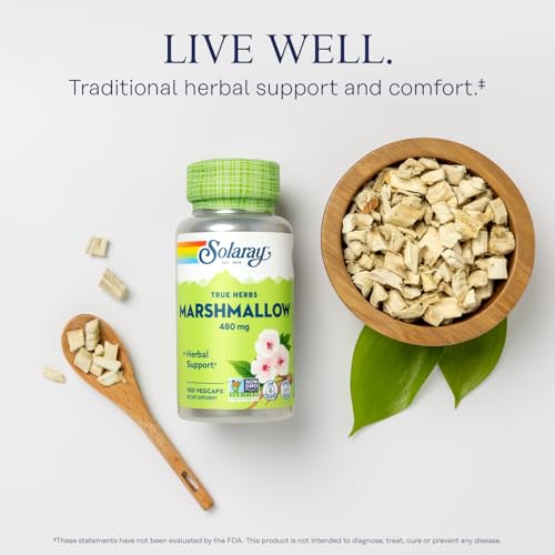 SOLARAY Marshmallow Root Capsules 480 mg - Soothing Herbal Support w/Whole Marshmallow Root - High in Mucilage Soluble Fiber, Vegan, Non-GMO, Lab Verified, 60-Day Guarantee, 100 Servings, 100 VegCaps