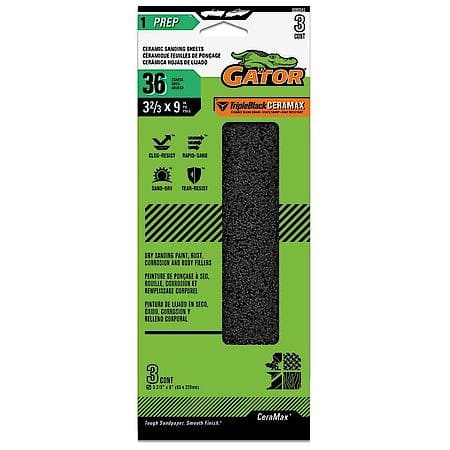 3-2/3" x 9" Clamp-on Ceramic 1/3 Sanding Sheets, 36 Grit, 3 Pack