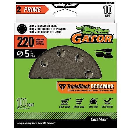 5" 8-Hole Hook and Loop Ceramic Sanding Discs, 220 Grit, 10 Pack