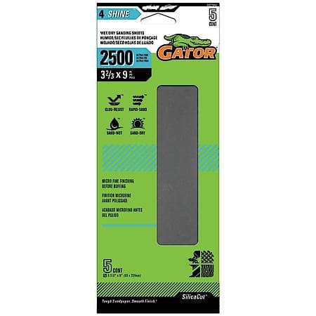 3-2/3" x 9" Clamp-On Waterproof 1/3 Sanding Sheets, 2500 Grit, 5 Pack