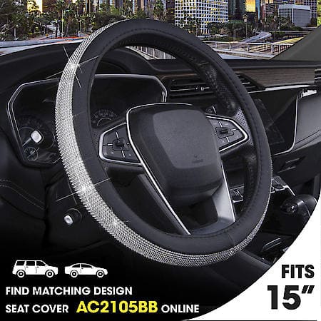 Silver Bling Steering Wheel Cover: Diamond and Black Faux Leather, Fits 14.5" - 15"