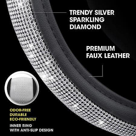 Silver Bling Steering Wheel Cover: Diamond and Black Faux Leather, Fits 14.5" - 15"