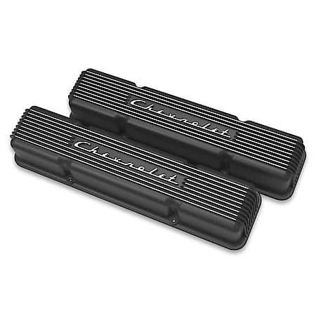 LTS SBC Valve Covers - Finned - Chevy Script - Black