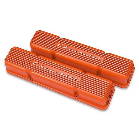 LTS SBC Valve Covers - Finned - Chevy Script - Orange