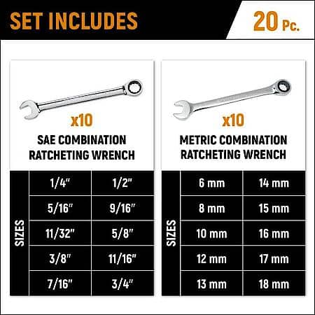 20 Piece 72-Tooth Sae/Metric Ratcheting Combination Wrench Set