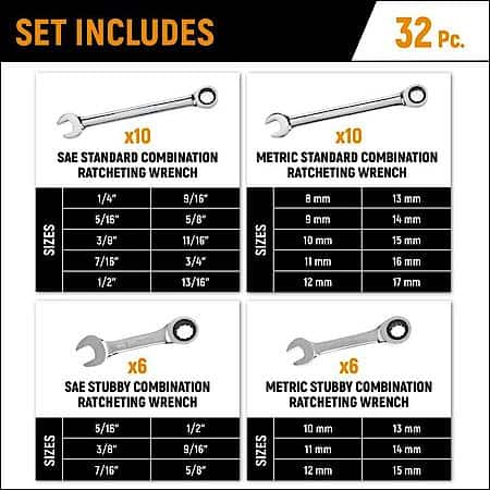32 Pc 72-Tooth 12 Point Sae/Metric Std/Stby Comb Ratcheting Wrench Set