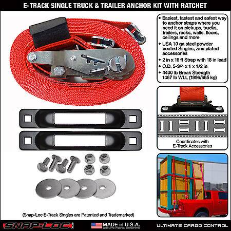 E-Track Single Truck Trailer Tie-Down Anchor Kit with 2 in x 16 ft Ratchet Strap 4,400 lb