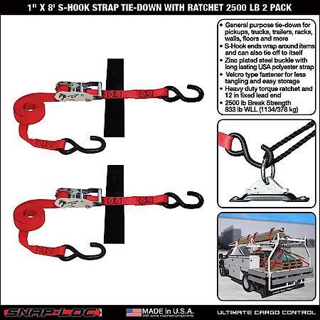 1 in x 8 ft S-Hook Ratchet Strap Tie-Down 2,500 lb 2-Pack