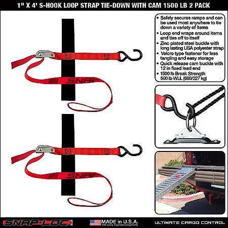 1 in x 4 ft S-Hook Loop Cam Strap Tie-Down 1,500 lb 2-Pack