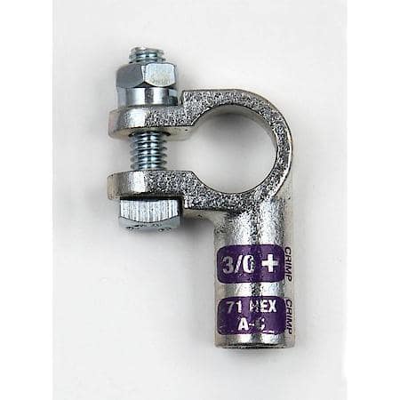 Left Elbow Crimpable Battery Terminals, 3/0 Gauge, Positive
