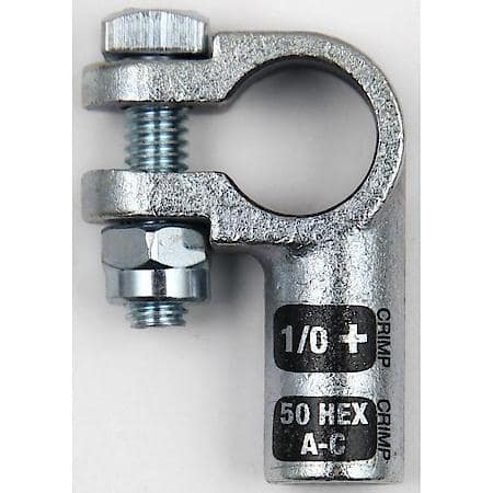 Left Elbow Crimpable Battery Terminals, 1/0 Gauge, Positive