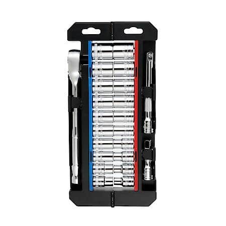 1/2 in. Drive Socket Set: 72┬┐Tooth Ratchet, SAE & Metric Coverage, 23┬┐Piece