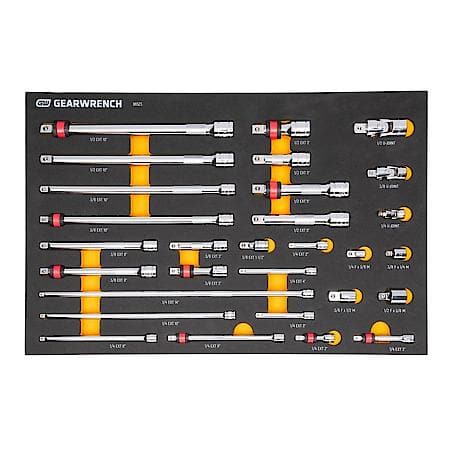 29 Piece 1/4", 3/8", 1/2" Drive Master Chrome Drive Tool Accessories Set with Foam Storage Tray