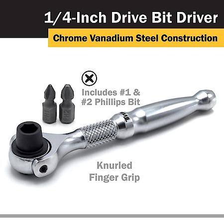 Bit Driver - 1/4 Inch Drive, Micro, Swivel, Reversible, 90-tooth