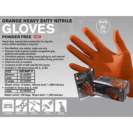 Orange Heavy Duty Nitrile Disposable Gloves: 8 Mil, Powder Free, Large, 10 Count