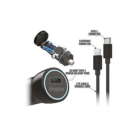 12V Socket Adapter and iPhone Cable: Lightning Car Charger, USB-C Charging Port, 20W