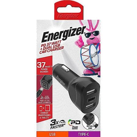 12V Socket Adapter: Car Charger, Dual USB-A and USB-C Charging Ports, 37W