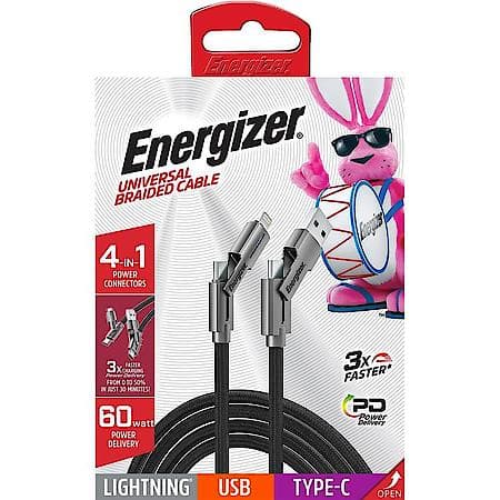 6ft Universal Braided Phone Charger: 4-in-1 USB-A, USB-C, and Lightning Cable, 6' Cord, 60W