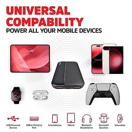 Power Delivery Power Bank: 5,000mAH Battery Capacity, USB-A and USB-C Charging Ports, Black