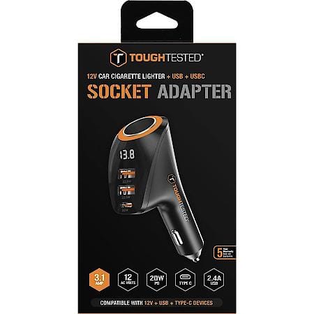 12V Socket Adapter: Digital 12V Car Power Adapter, USB and USB-C Charging Ports, 100W