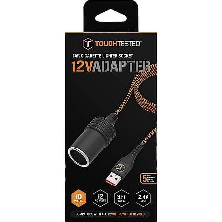 USB to 12V Car Socket Adapter: Car Charger, 3 ft Extended Braided Cord, 10W