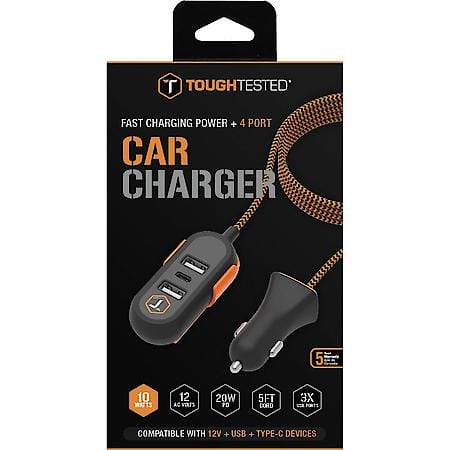 12V Socket Adapter: Front & Backseat Charger, USB-A and USB-C 5 ft Charging Ports, 47W